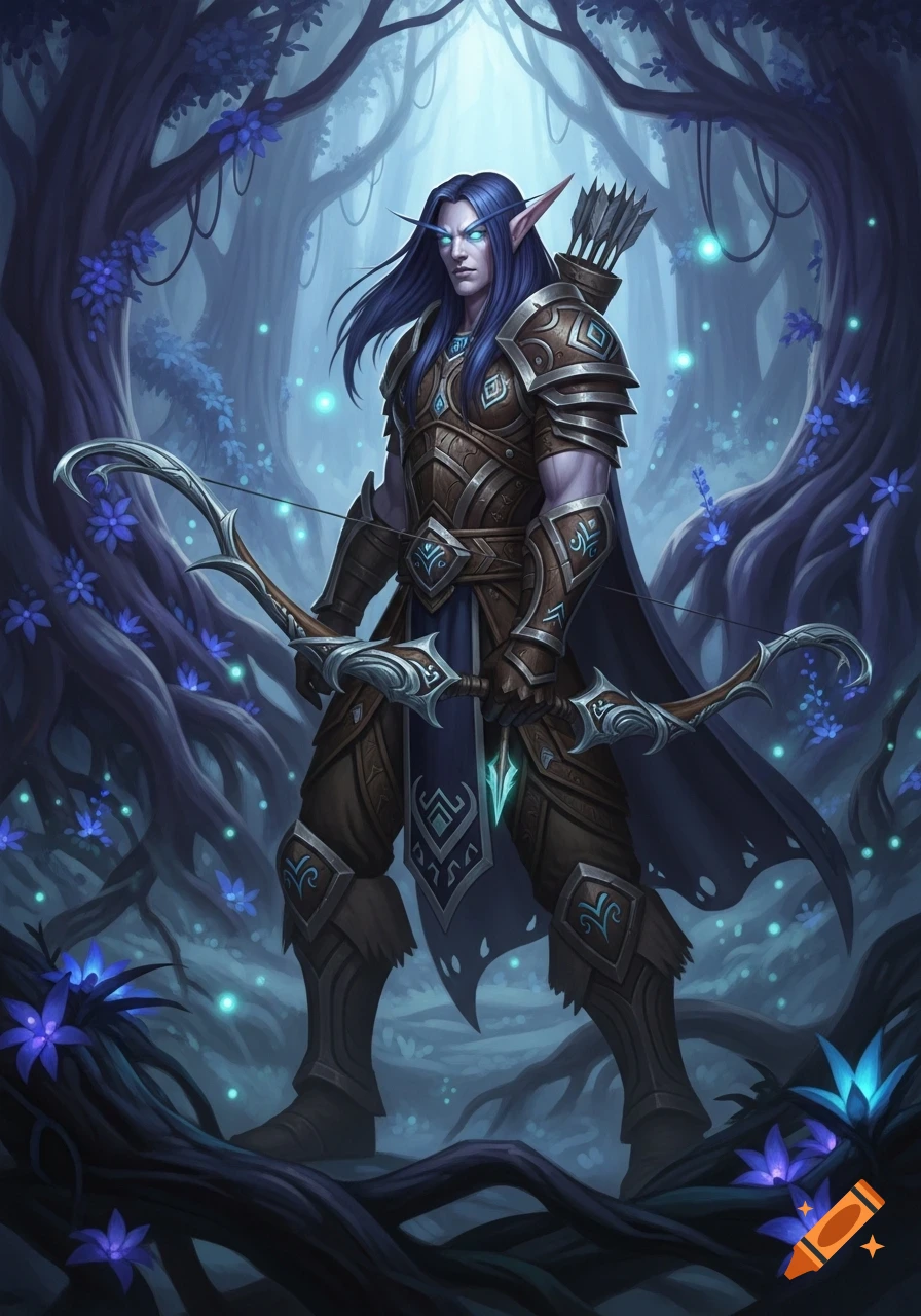 A male Night Elf survival hunter with glowing eyes, dark blue hair, and elven armor holds a bow in a mystical, blue-lit forest.