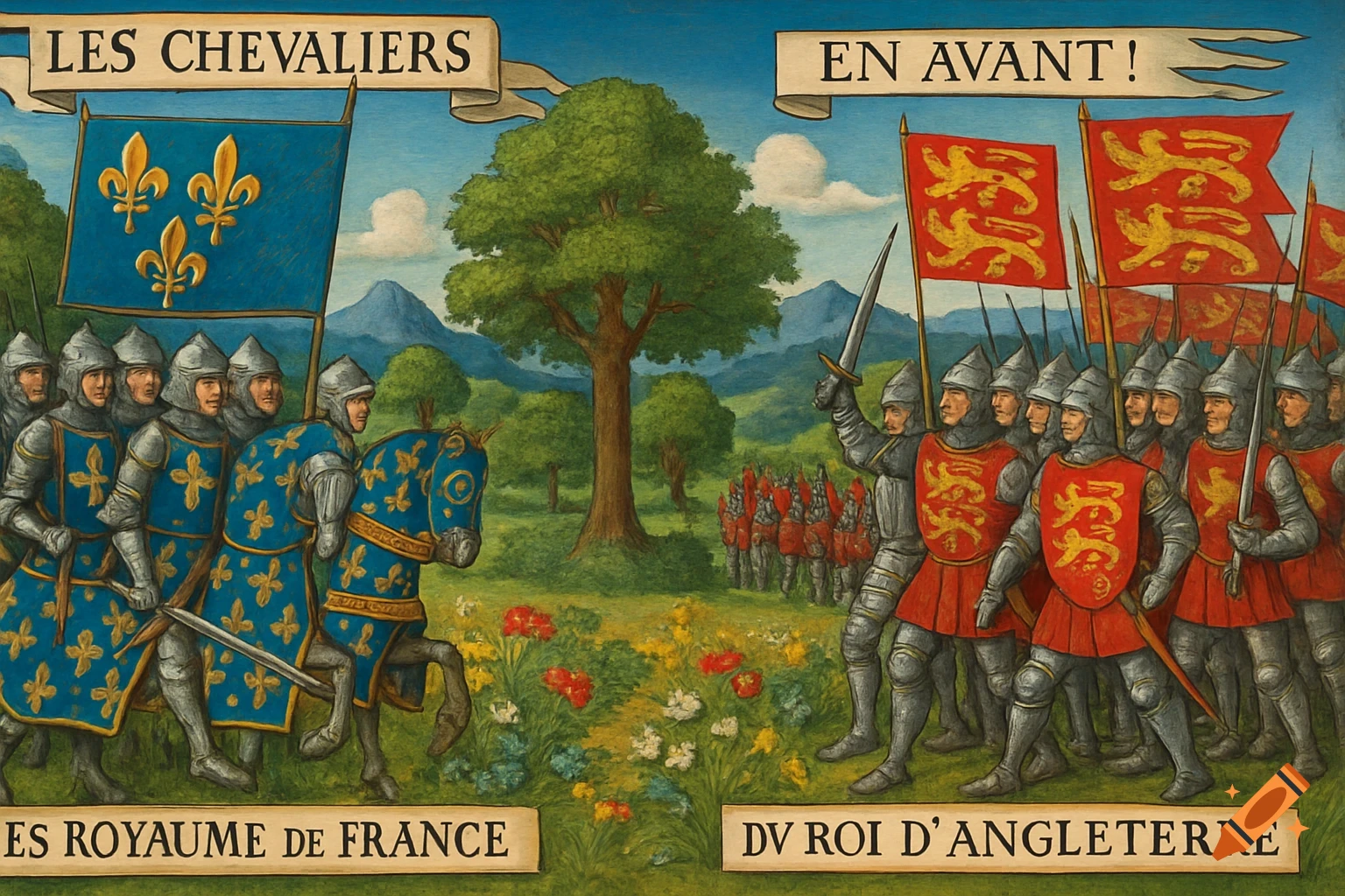 A painted medieval scene depicting two opposing armies of knights. French knights with blue fleur-de-lys banners face English knights with red lion banners, ready for battle in a field.