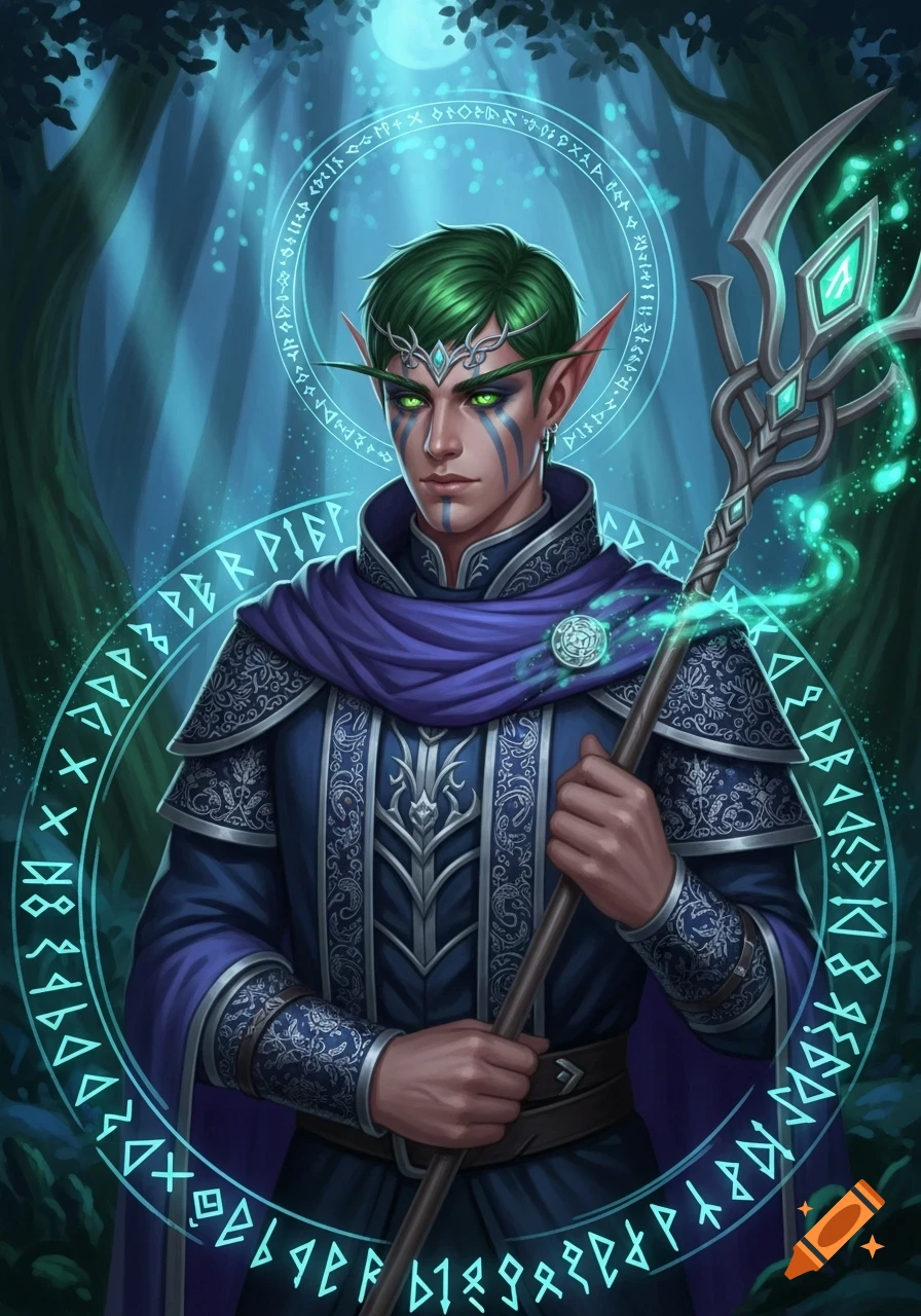 A detailed fantasy art portrait of a male night elf prince with green hair and glowing green eyes, holding a magical staff in a mystical forest with glowing runes.