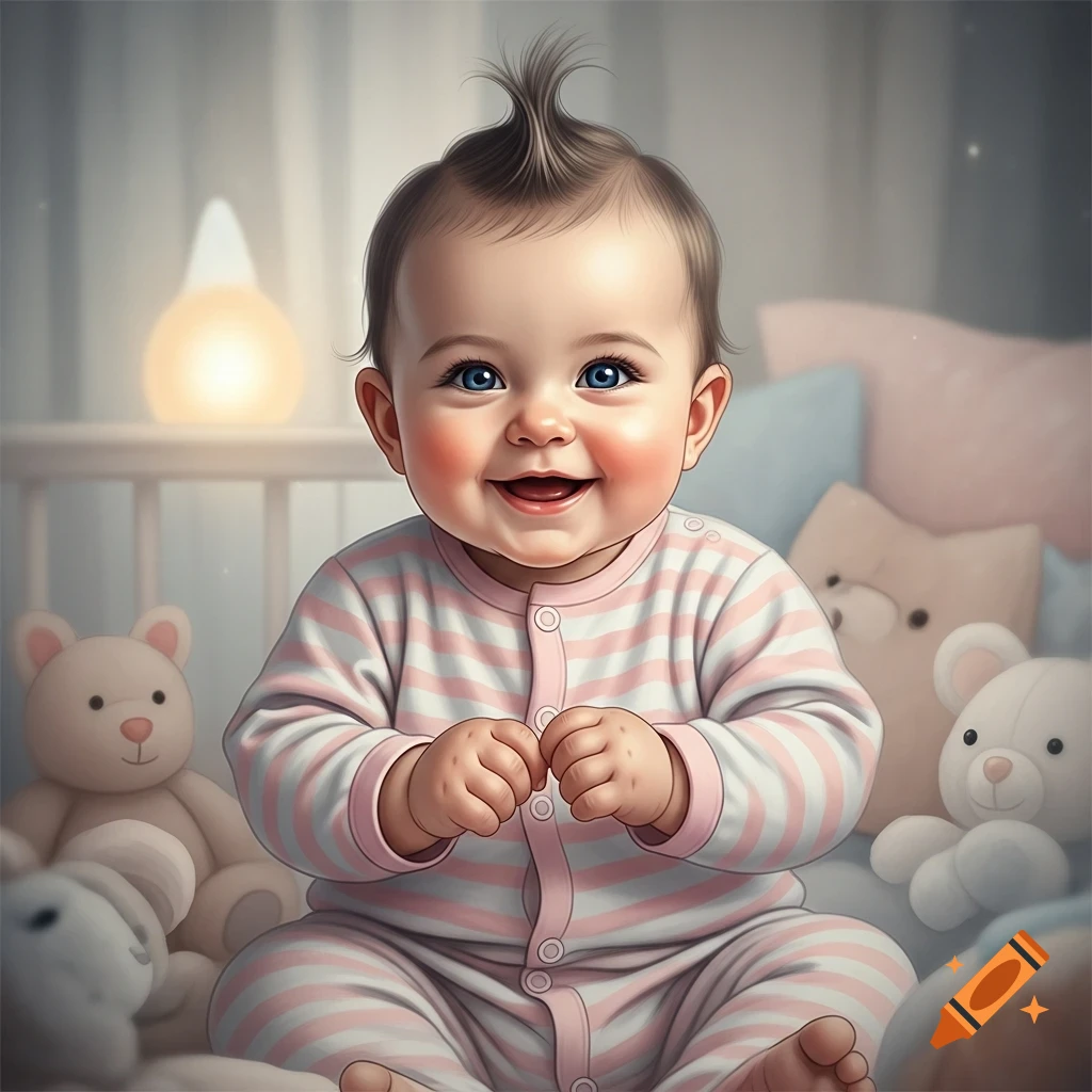 A smiling baby with blue eyes and a spiky topknot wears pink and white striped pajamas, surrounded by soft toys in a warm nursery.