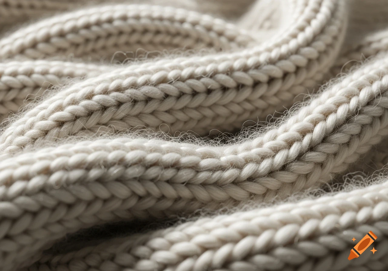 Close-up of soft, cream-colored knitted wool fabric showing a detailed cable-knit pattern.