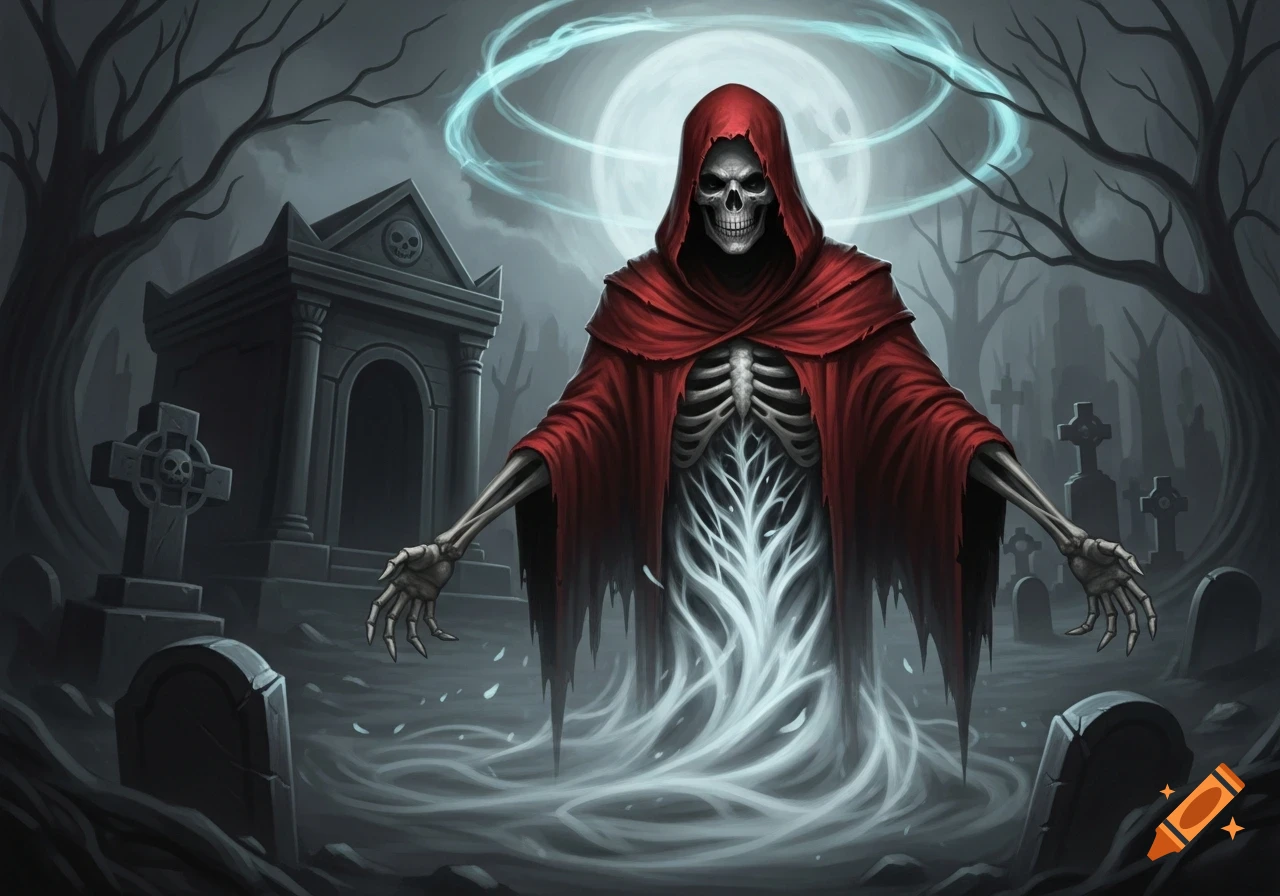 A red-robed skeletal specter with a misty lower body floats in a dark graveyard with a mausoleum under a full moon, in a stylized illustration.