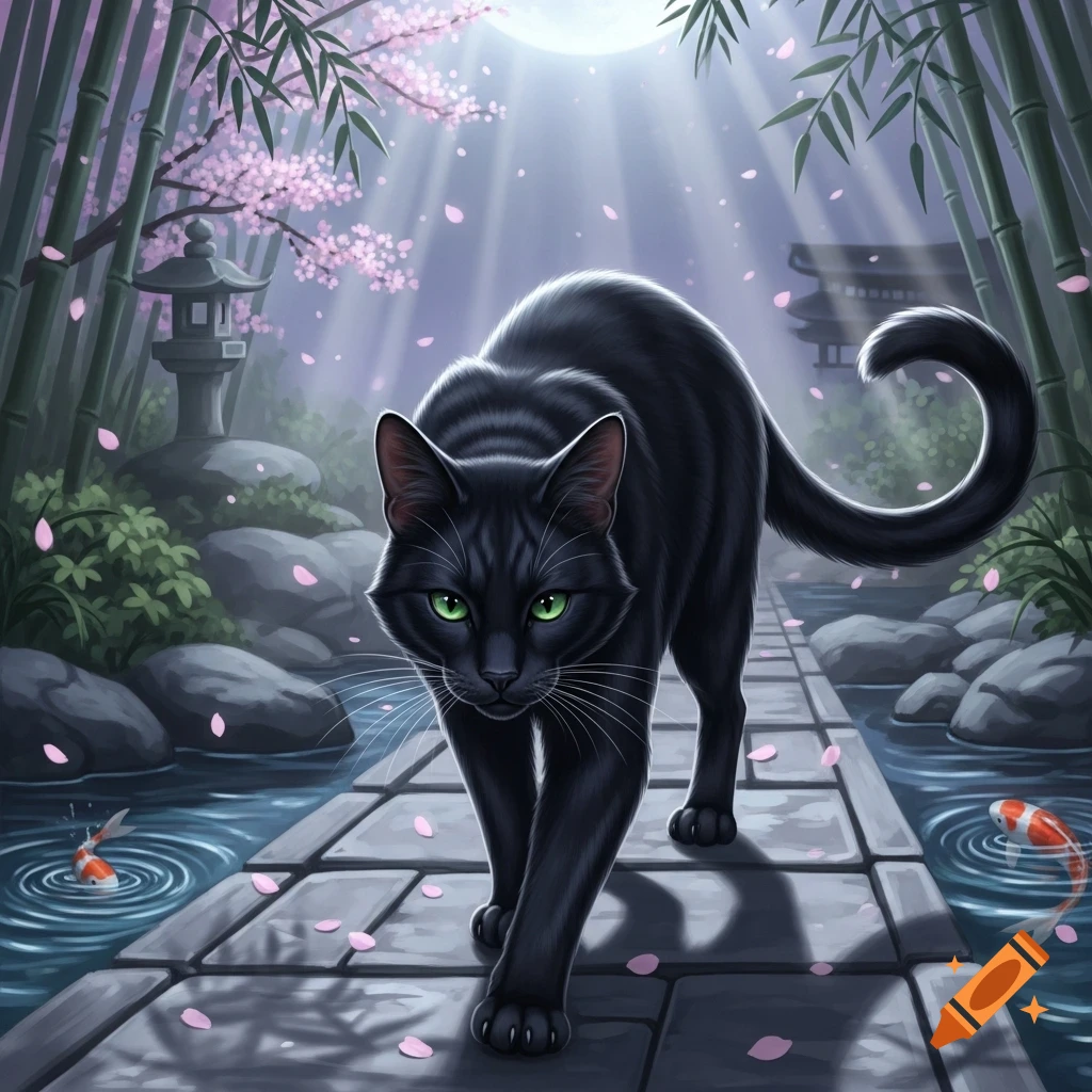 A black cat with green eyes walks on a stone path in a moonlit Japanese garden with cherry blossoms, bamboo, and koi fish.
