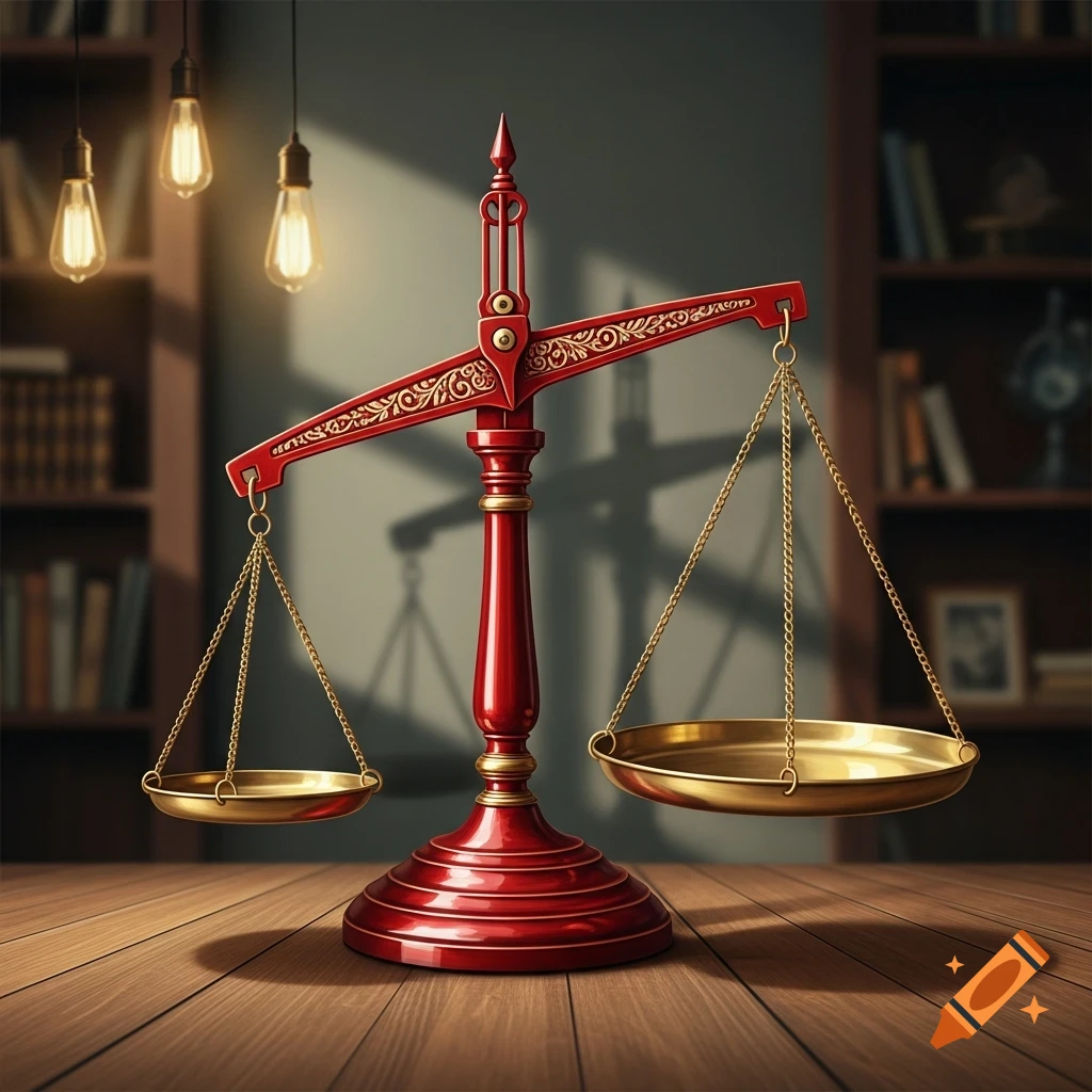 A detailed red and gold balance scale on a wooden table in a dimly lit room with bookshelves and hanging light bulbs, photorealistic.