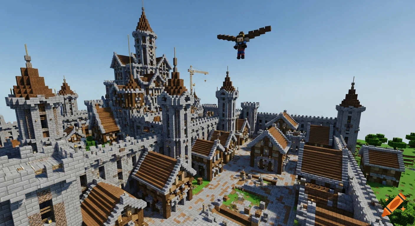 An aerial view of a large, detailed Minecraft castle and city made of stone and wood blocks, with a player flying above it under bright daylight.