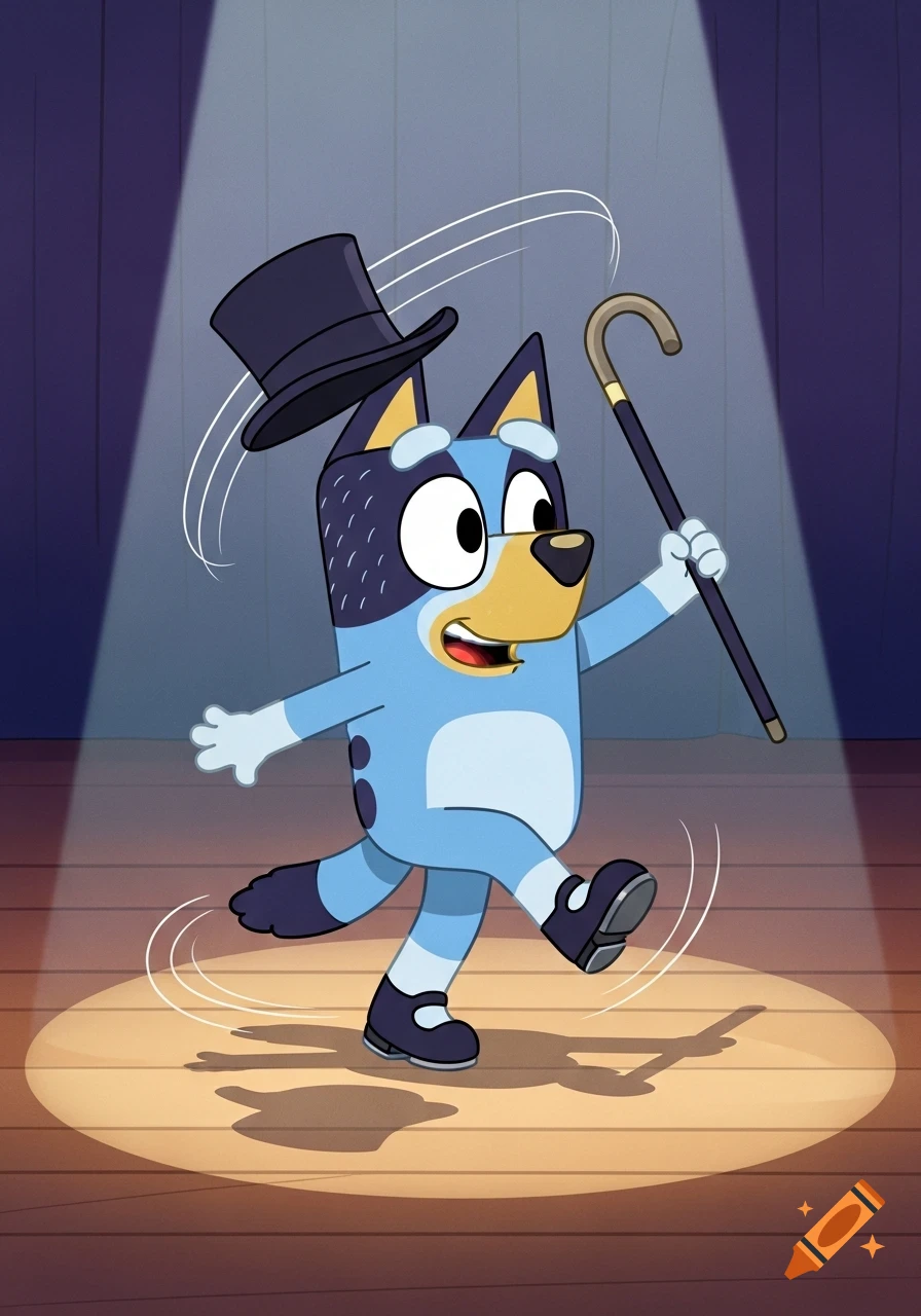 Bluey, a blue cartoon dog, tap dancing on a spotlighted stage, her top hat flying off, holding a cane.