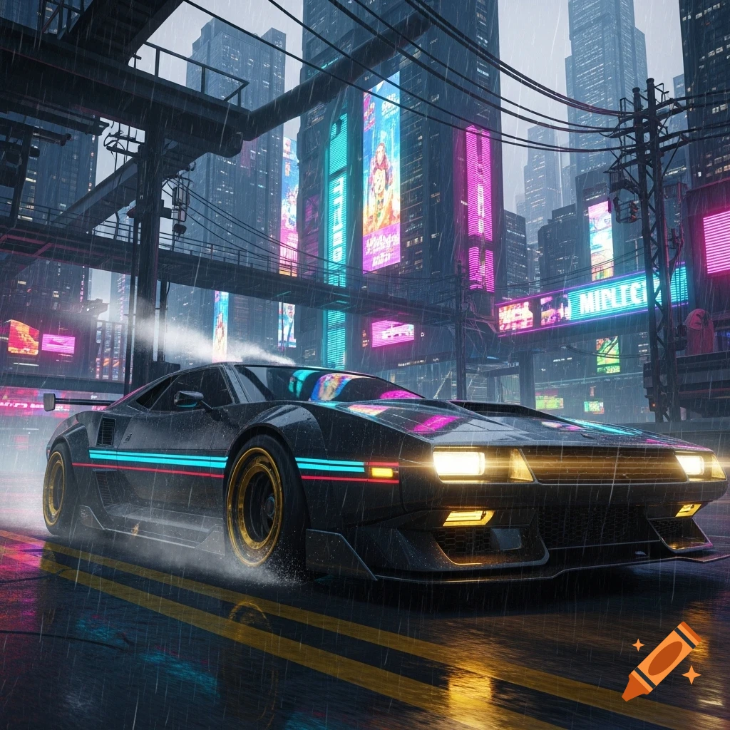 Sleek black cyberpunk car with neon stripes on a rainy city street at night, flanked by tall buildings with glowing signs.