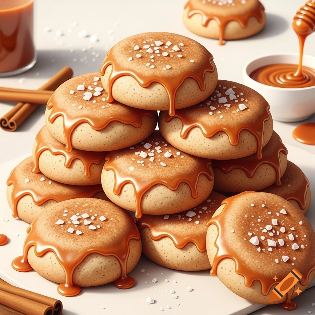 A pile of round cookies topped with dripping salted caramel sauce and coarse salt crystals, with cinnamon sticks in a stylized manner.