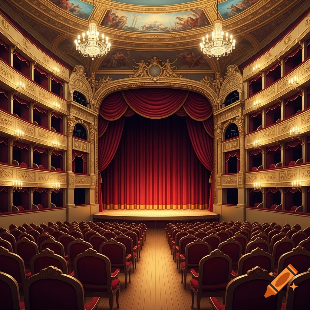 An empty, grand theatre with red velvet seats, ornate gold balconies, chandeliers, and a painted ceiling, facing a stage with red curtains.