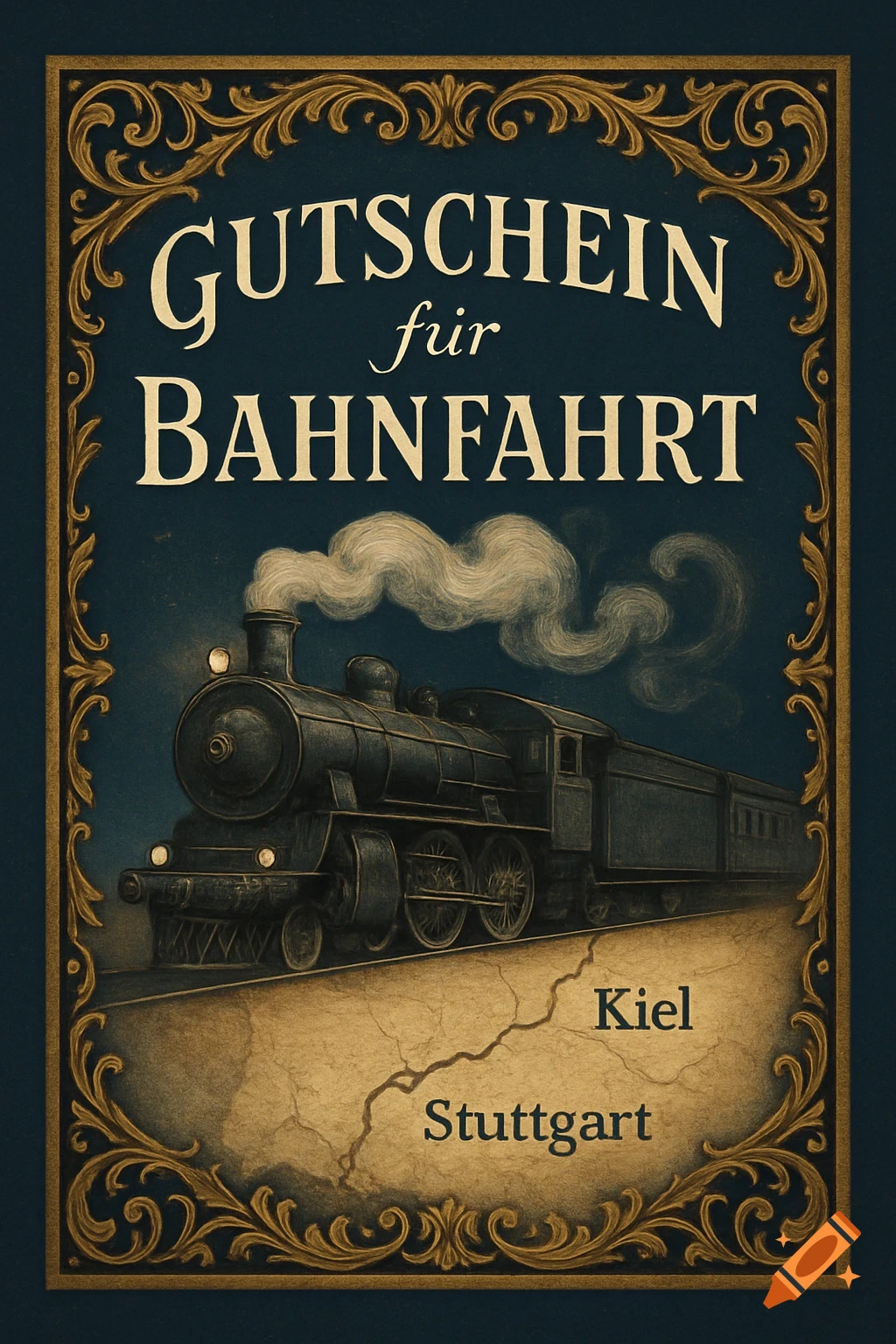 A vintage-style poster for a train ticket featuring a steam locomotive and the text 'Gutschein f r Bahnfahrt', 'Kiel', and 'Stuttgart'.