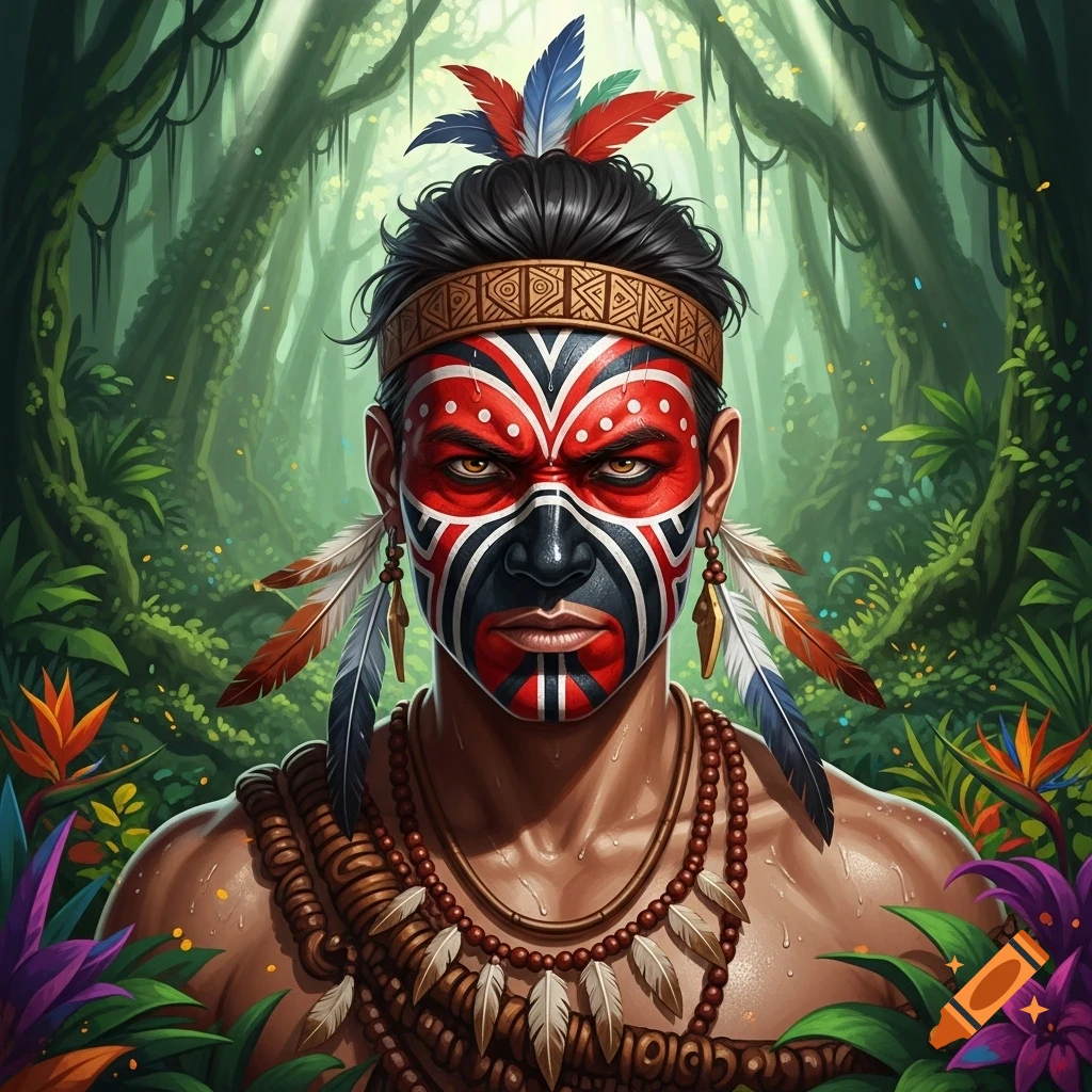 Stylized illustration of a tribal warrior with red, black, and white face paint, feathered headband, and necklaces, in a jungle.