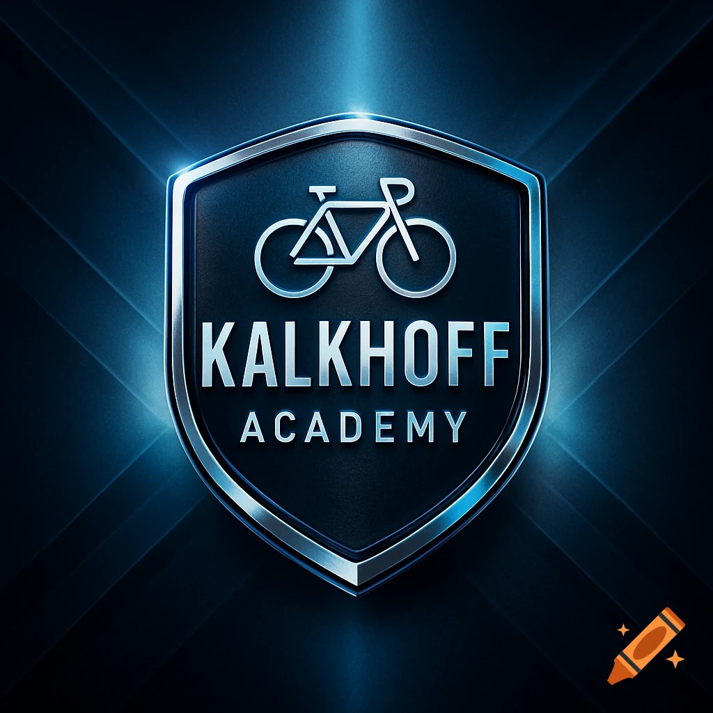A metallic silver and black shield emblem featuring a bicycle icon and the text "KALKHOFF ACADEMY", highlighted by blue light rays.