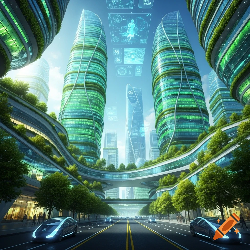 A futuristic cityscape with towering green buildings, sky bridges covered in foliage, and sleek cars on a road below holographic displays.