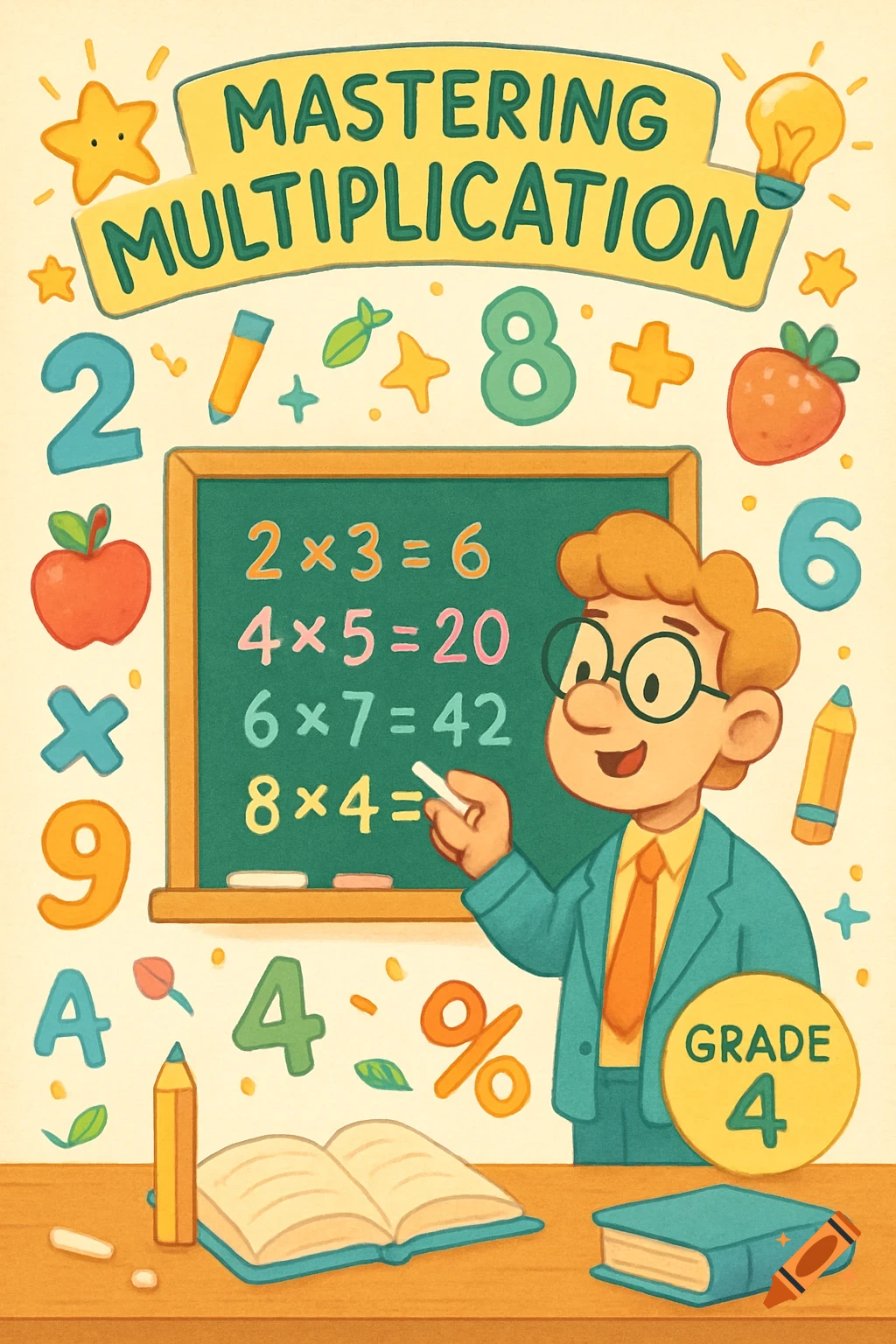 A cartoon poster shows a teacher next to a chalkboard with multiplication problems. Text reads "MASTERING MULTIPLICATION" and "GRADE 4", surrounded by school items and numbers.