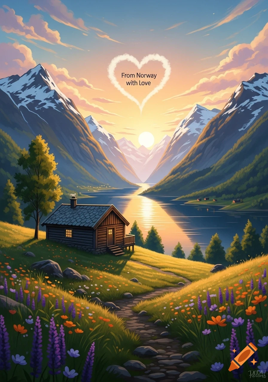 Stylized landscape of a wooden cabin by a fjord with snow-capped mountains at sunrise, a heart-shaped cloud reads 'From Norway with Love'.