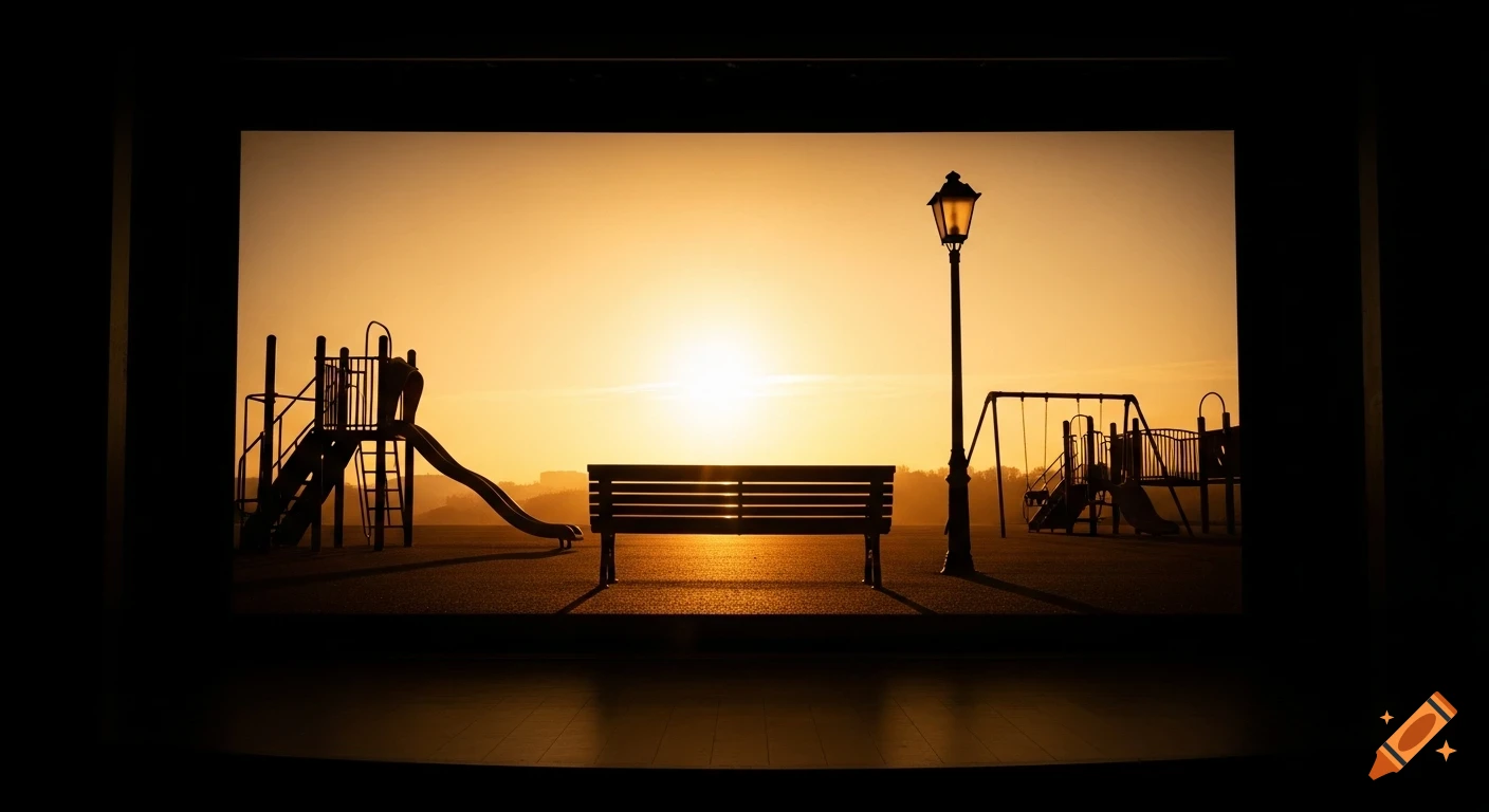 A silhouetted playground, empty bench, and lamppost against a warm sepia sunset, conveying a dreamy, nostalgic mood.