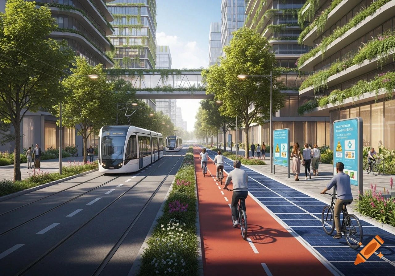 Modern city street with trams, bike lanes, and pedestrians. Greenery covers modern buildings, creating a sustainable urban landscape.