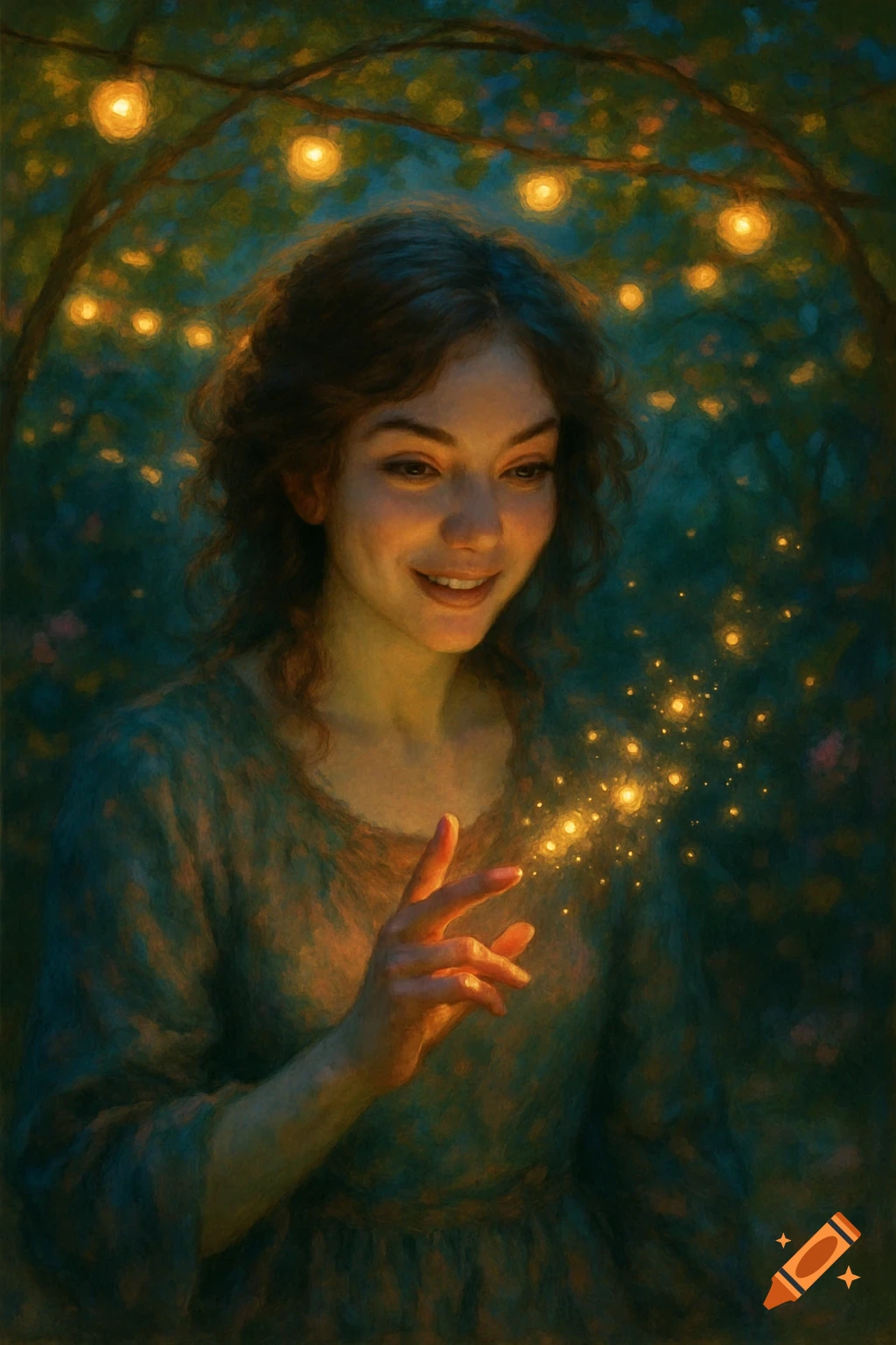 Dreamy painted portrait of a smiling woman creating magical glowing sparks with her hand under string lights at night.