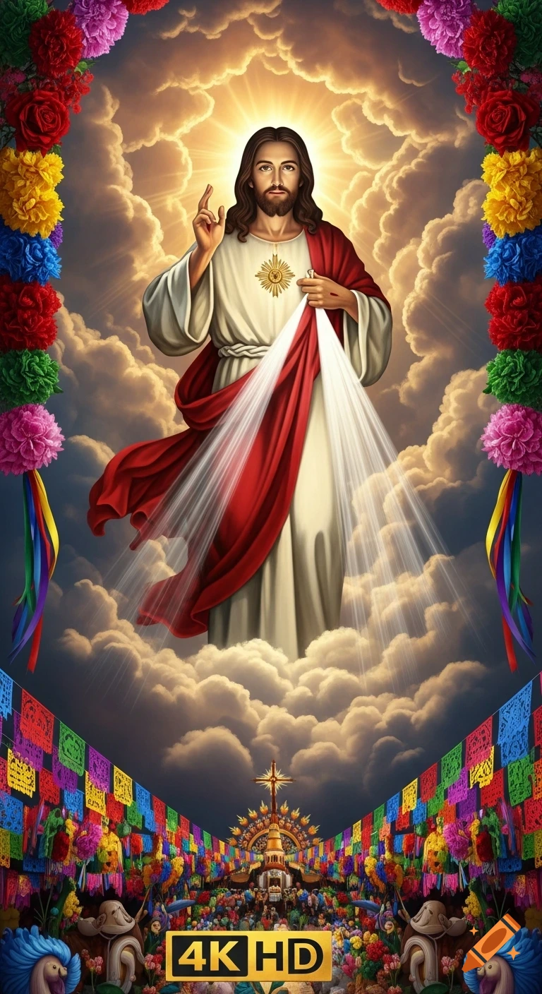 Jesus stands among clouds with radiant light, flanked by colorful Mexican papel picado banners and flowers, in a vibrant religious artwork.