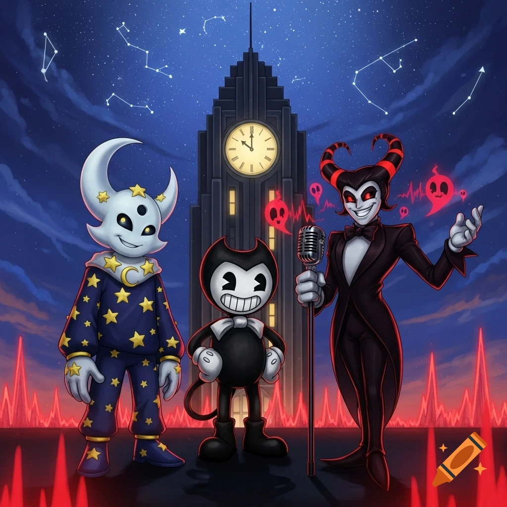 Moondrop, Bendy, and an Alastor-like character stand before a clock tower under a starry sky with glowing red shapes, the third holding a microphone.