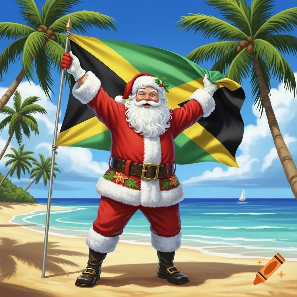 Santa Claus stands on a tropical beach with palm trees and a sailboat in the background, holding a large Jamaican flag.