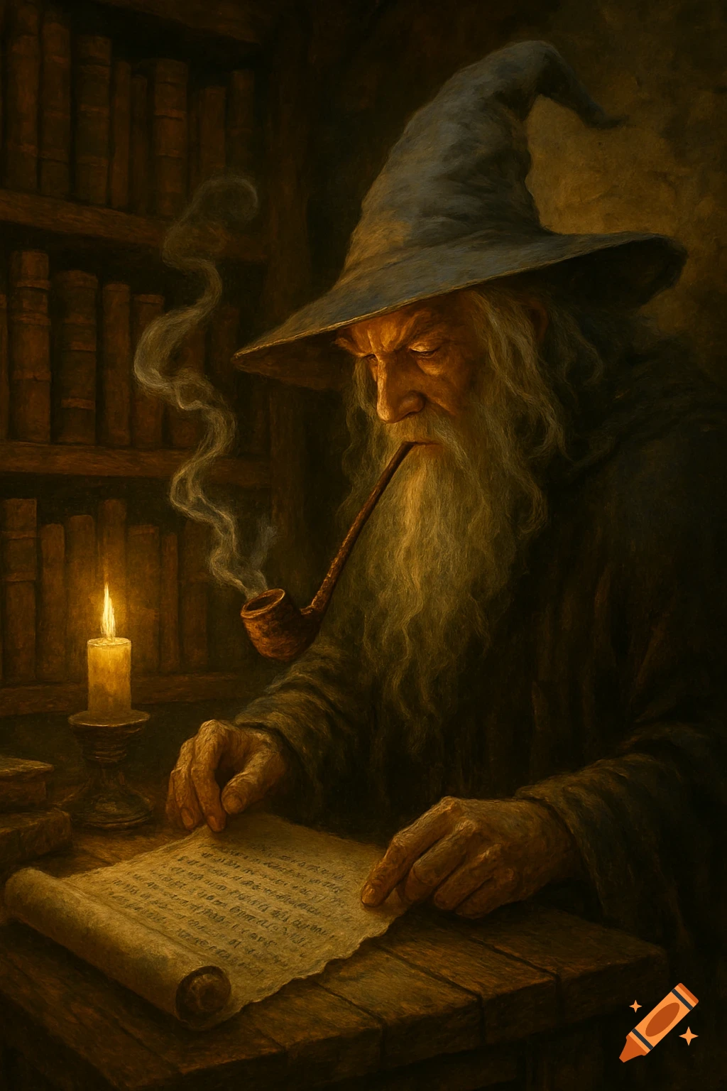 A wizard, Gandalf the Grey, smoking a pipe and reading a scroll by candlelight in a dark study with bookshelves, in a painted style.