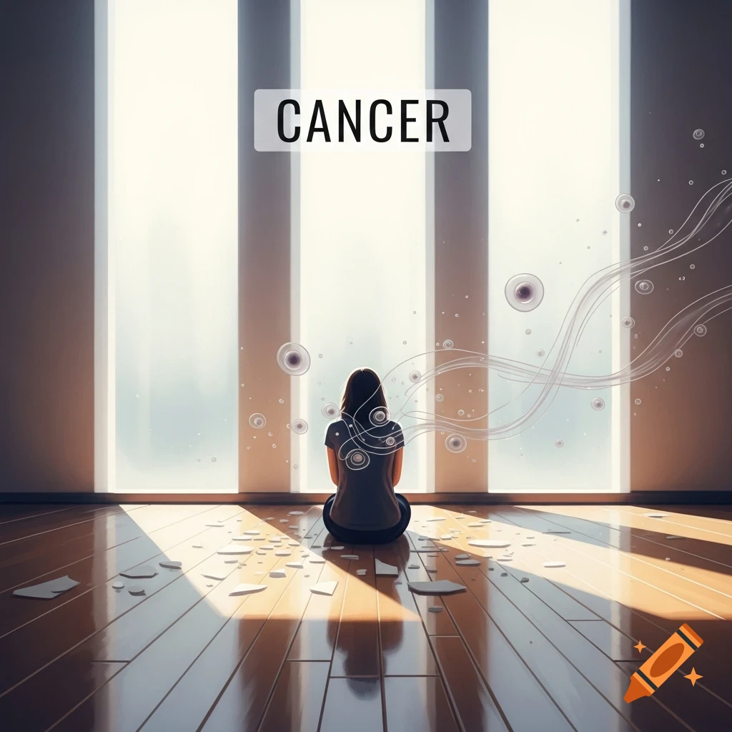 A person sits on a shiny wooden floor, back to the viewer, facing bright windows. The word 'CANCER' is above, with abstract cell-like forms.
