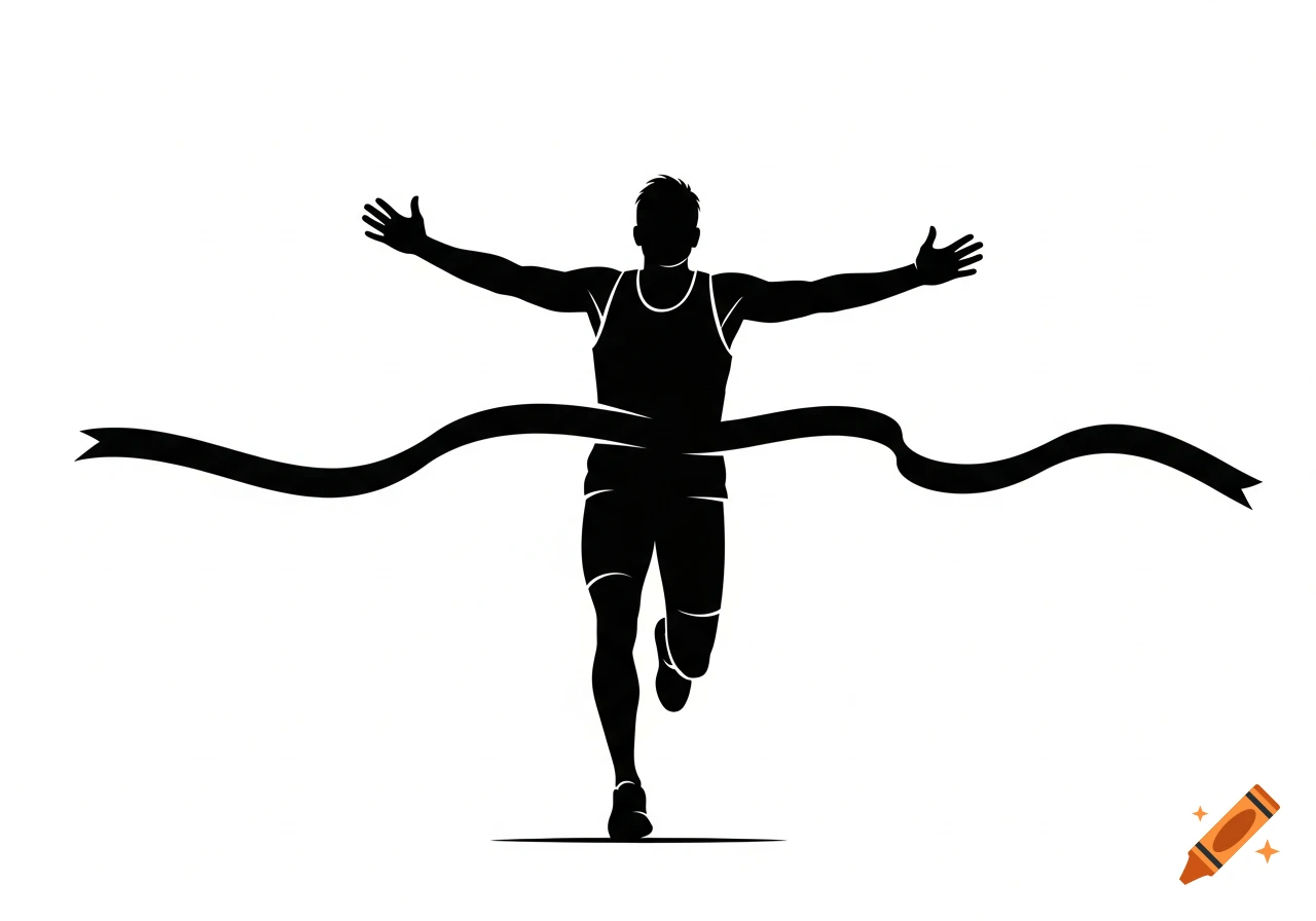 Black silhouette of a runner crossing the finish line with arms outstretched in victory.