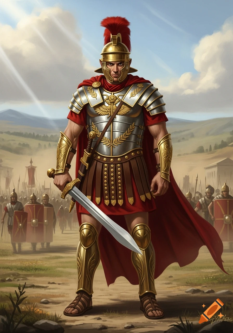 An illustrated Roman soldier in golden and silver armor stands on a battlefield, sword in hand, with other soldiers behind him.