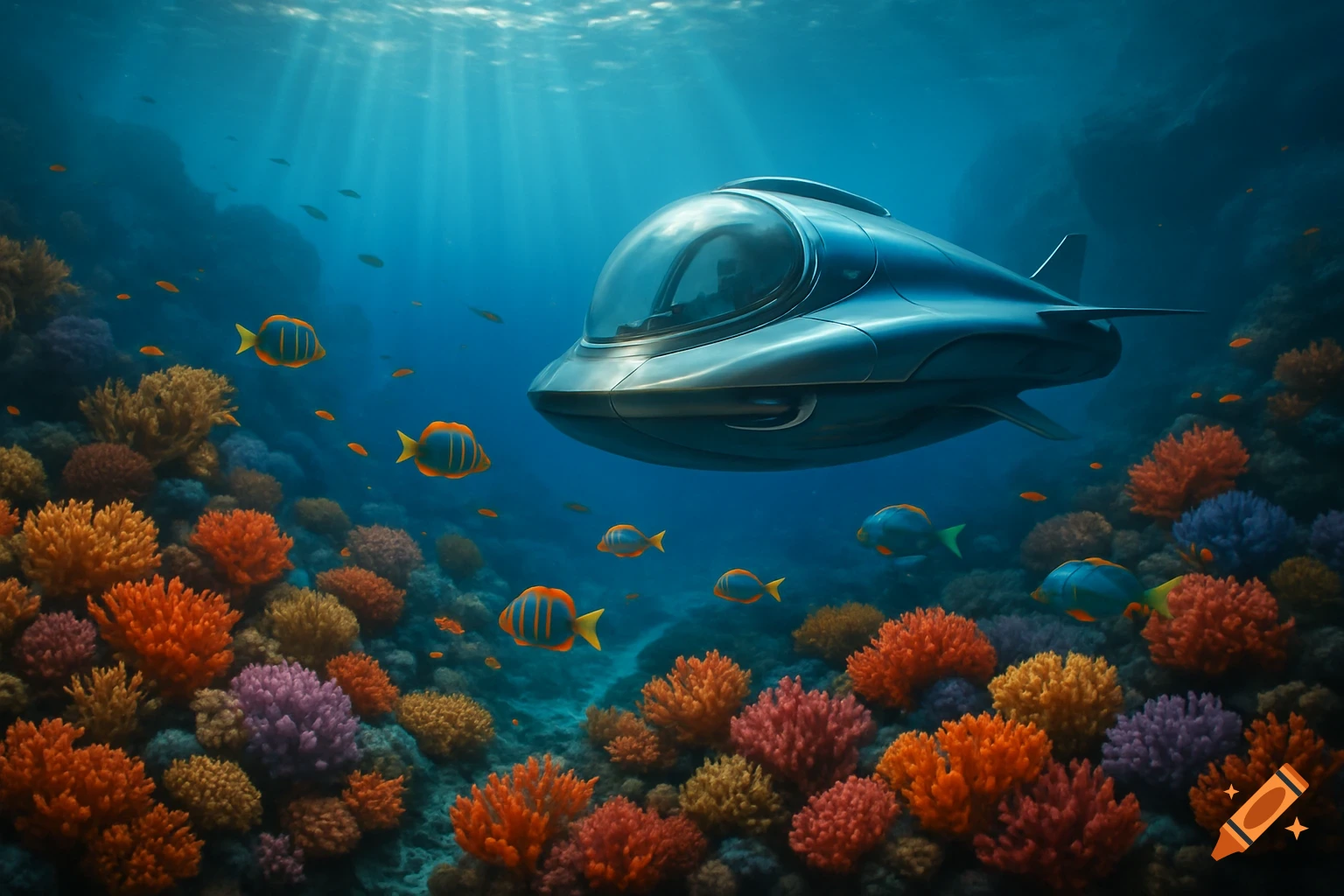A sleek research submarine hovers over a colorful coral reef with bright fish in sunlit, clear blue ocean waters, photorealistic.
