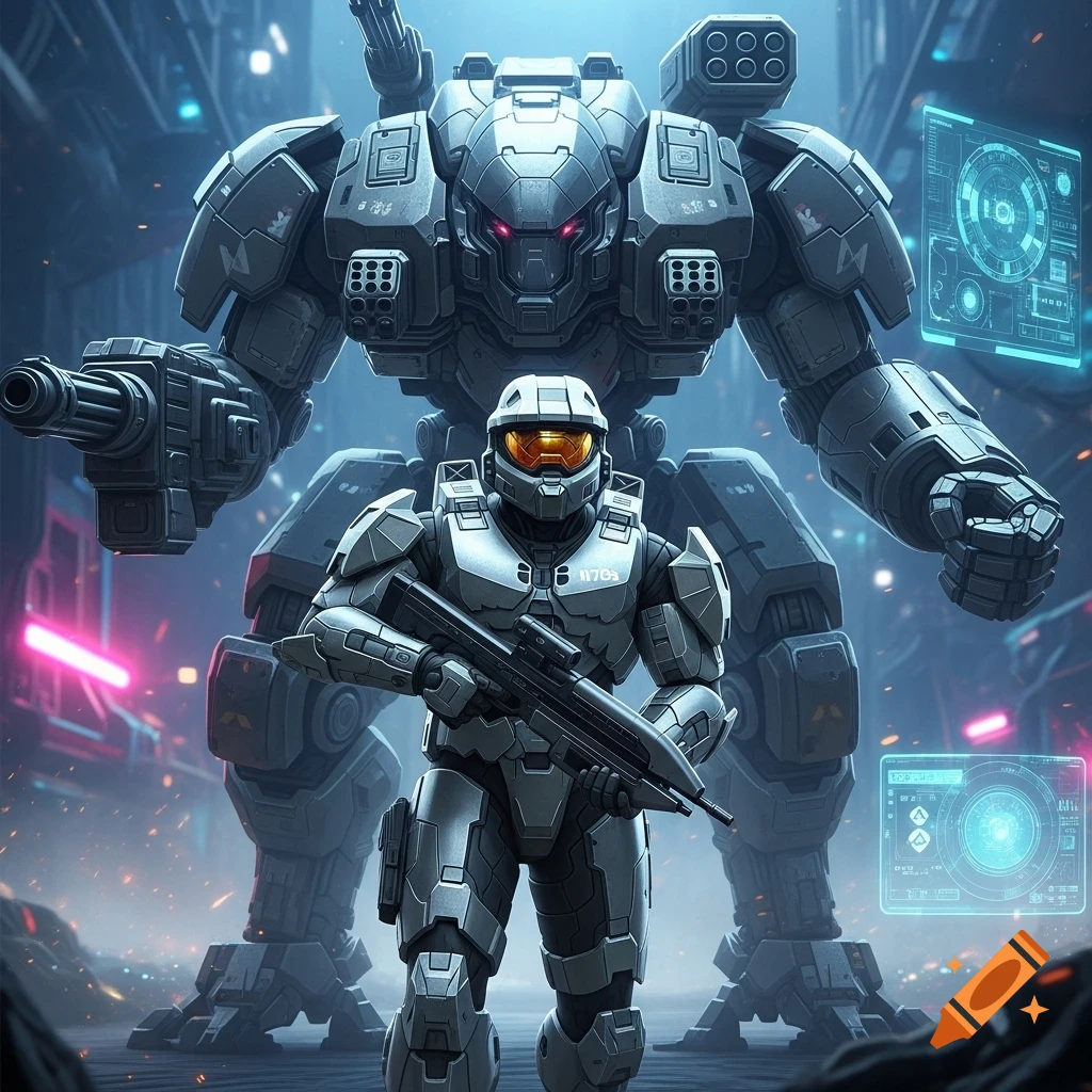 A Halo Spartan soldier in Mk7 Mjolnir armor holds a rifle in front of a massive, heavily armed combat mech in a futuristic city.