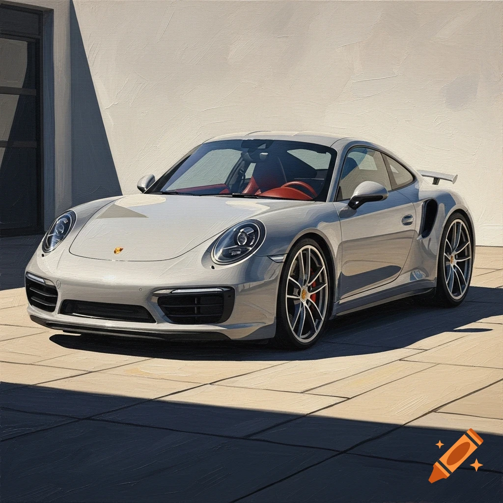 A light grey Porsche sports car with red interior, depicted in an oil painting style with visible brush strokes, parked on a paved surface in sunlight.