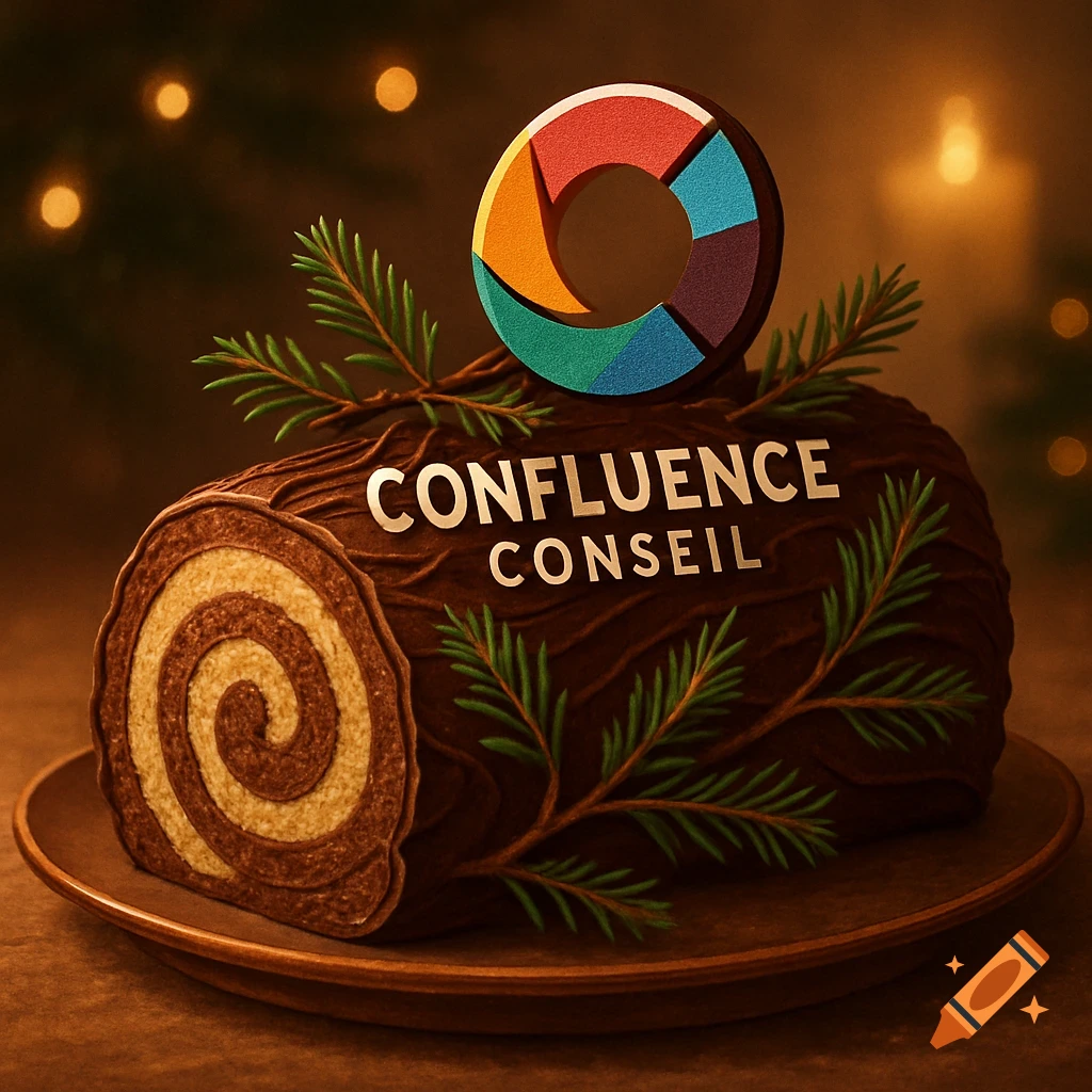 A chocolate Christmas log cake decorated with pine branches, a colorful logo, and 'CONFLUENCE CONSEIL' text, in warm, festive lighting.