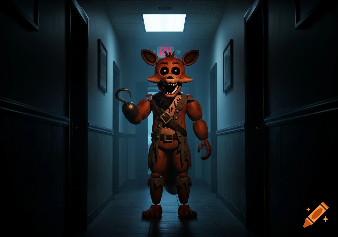 A terrifying Foxy animatronic stands in a dark, misty hallway with an open mouth and a hook hand.