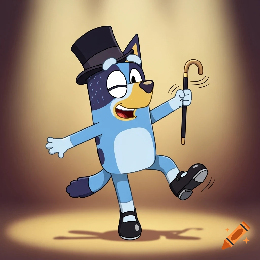 Bluey the blue dog, wearing a top hat and tap shoes, dances under a spotlight while holding a cane.
