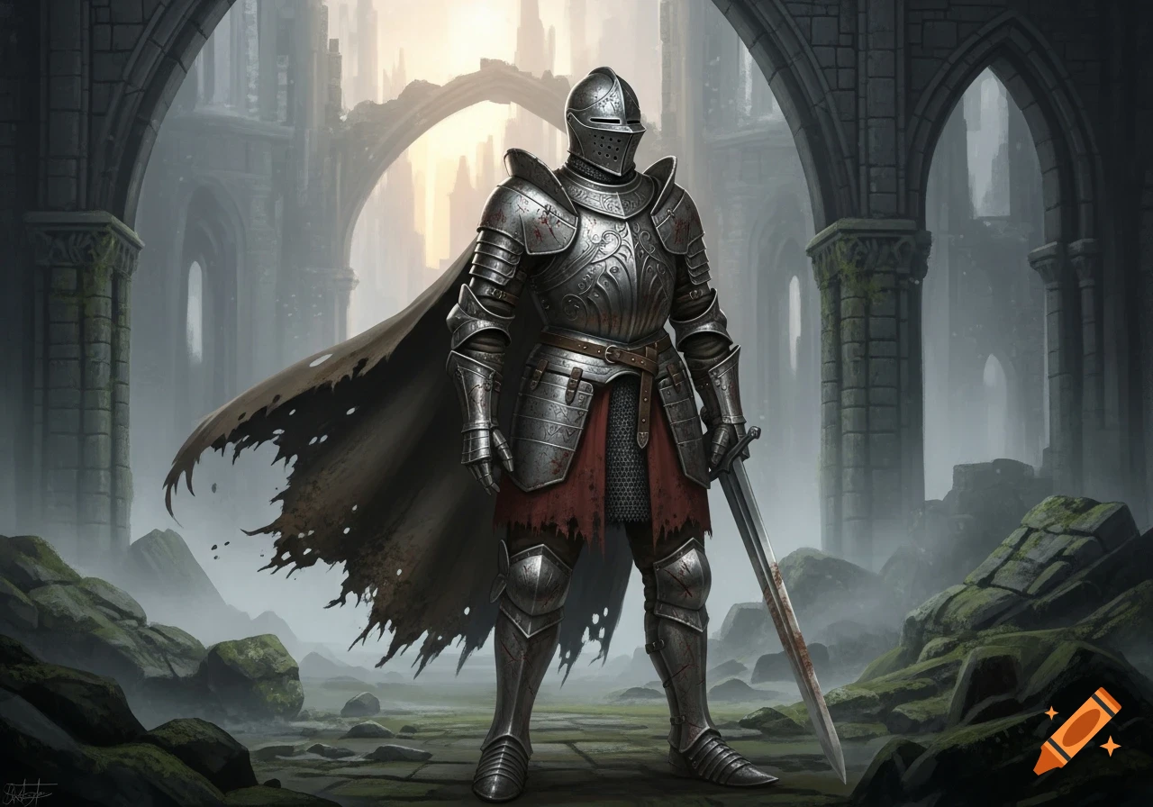 A knight in dented full plate armor and a tattered cape, holding a bloody sword, stands amidst ancient ruins.