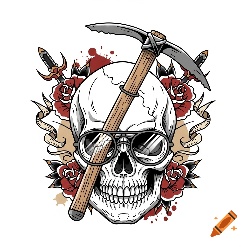 A traditional tattoo style illustration of a skull wearing round glasses, with a pickaxe, two swords, and red roses behind it.