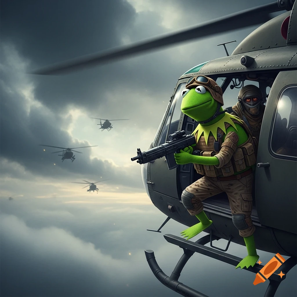 Photorealistic image of Kermit the Frog in military gear, holding a rifle, on a helicopter skid with other helicopters in a cloudy sky.
