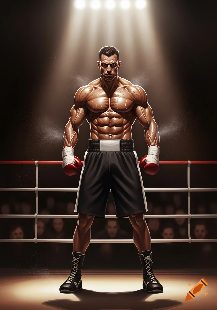 A muscular boxer stands in a ring under spotlights, wearing black shorts and red gloves, looking intensely at the viewer.