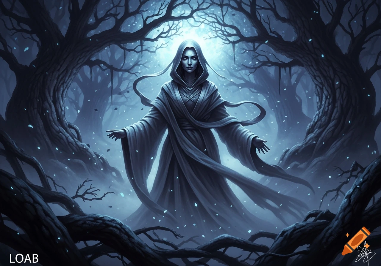 Pale, hooded figure with outstretched arms in a dark, ethereal forest with glowing bare trees, fantasy art style.