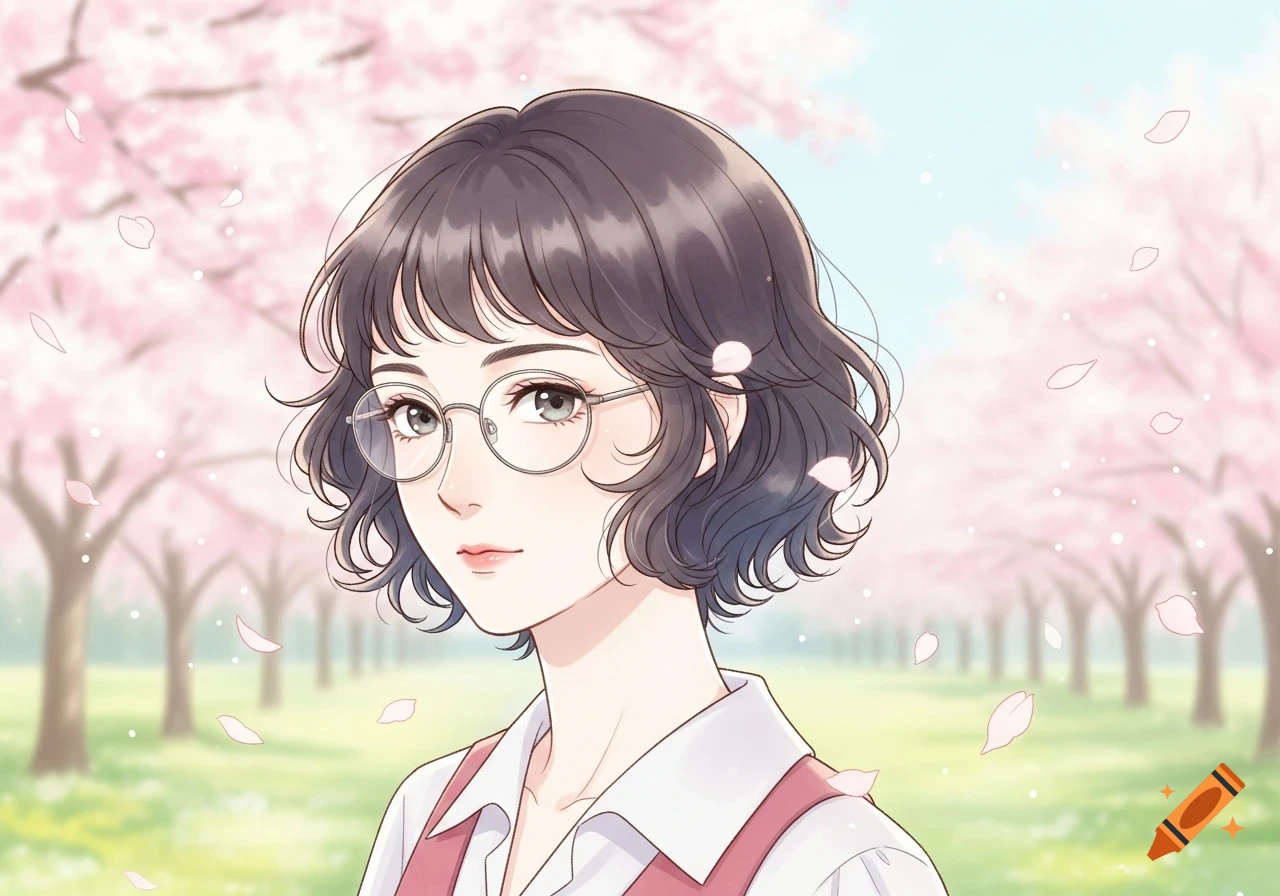 A woman with short curly black hair and glasses in a soft anime watercolor style, surrounded by cherry blossom trees and falling petals.