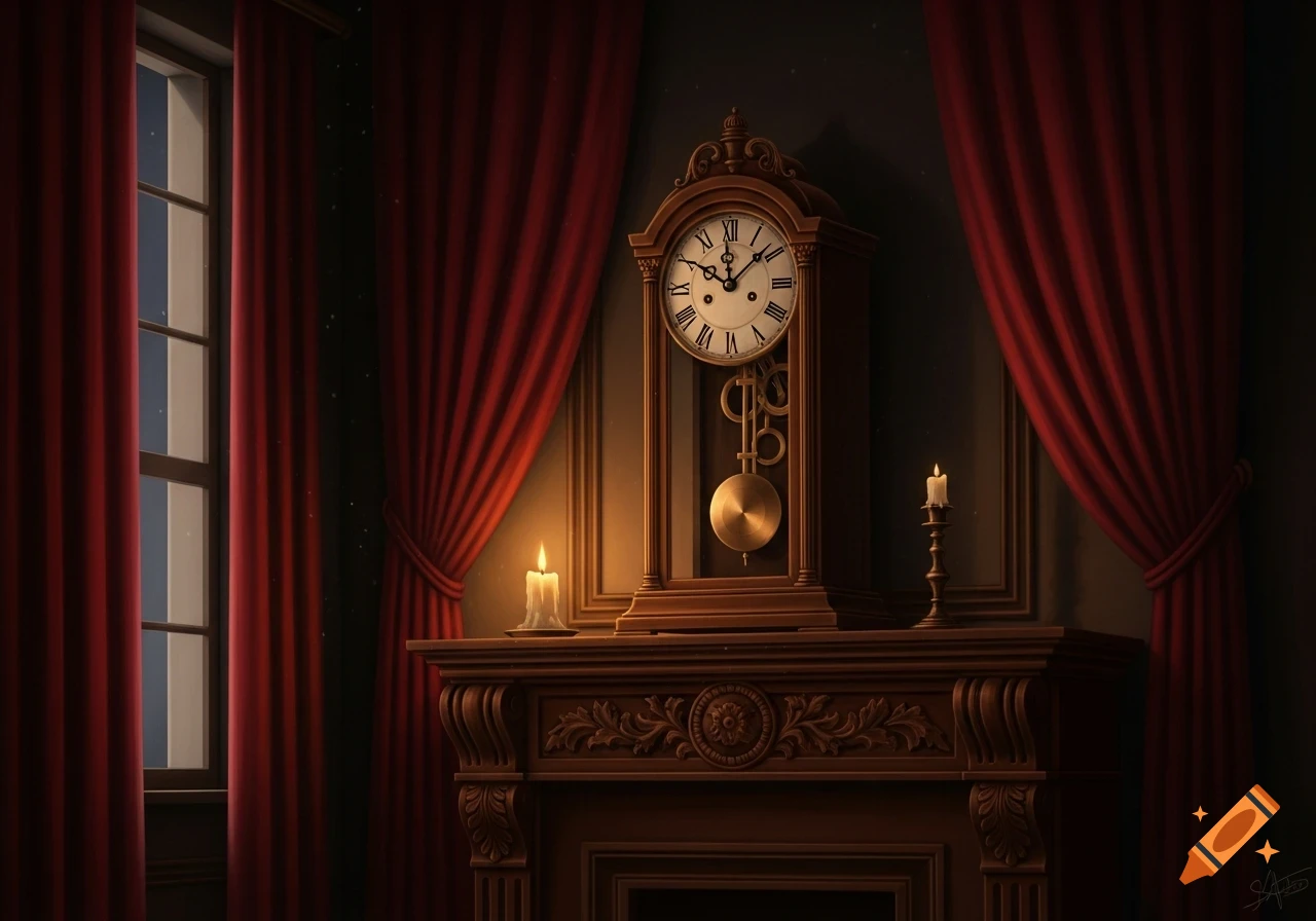 An antique clock on a carved wooden mantelpiece, flanked by red curtains and candles, with a window in a dimly lit room.