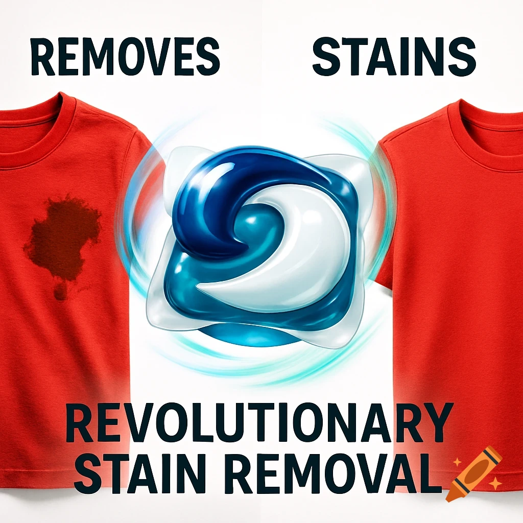 Ad showing a laundry pod between a stained red t-shirt and a clean red t-shirt, with text 'REMOVES STAINS REVOLUTIONARY STAIN REMOVAL'.