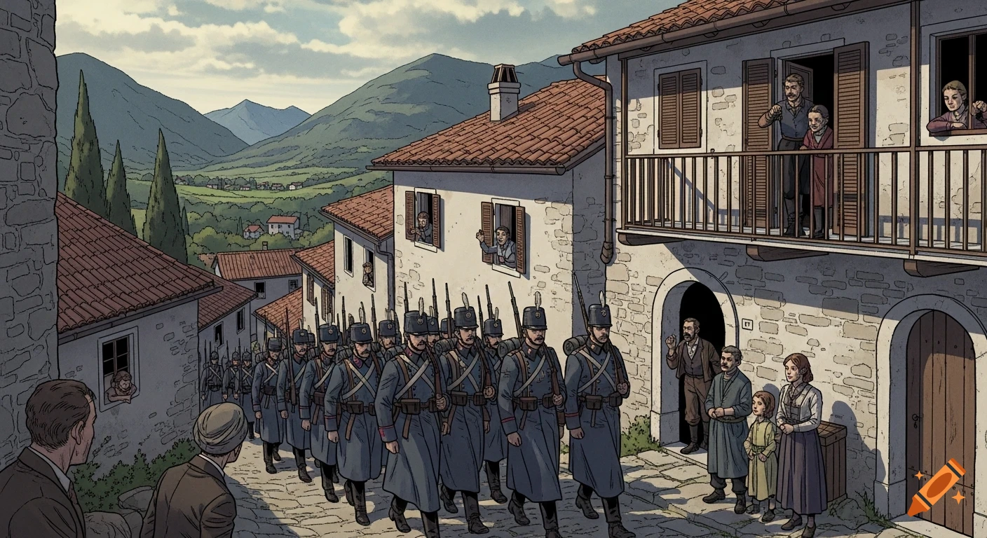 Austro-Hungarian soldiers march through a stone mountain village as civilians watch, in graphic novel style.