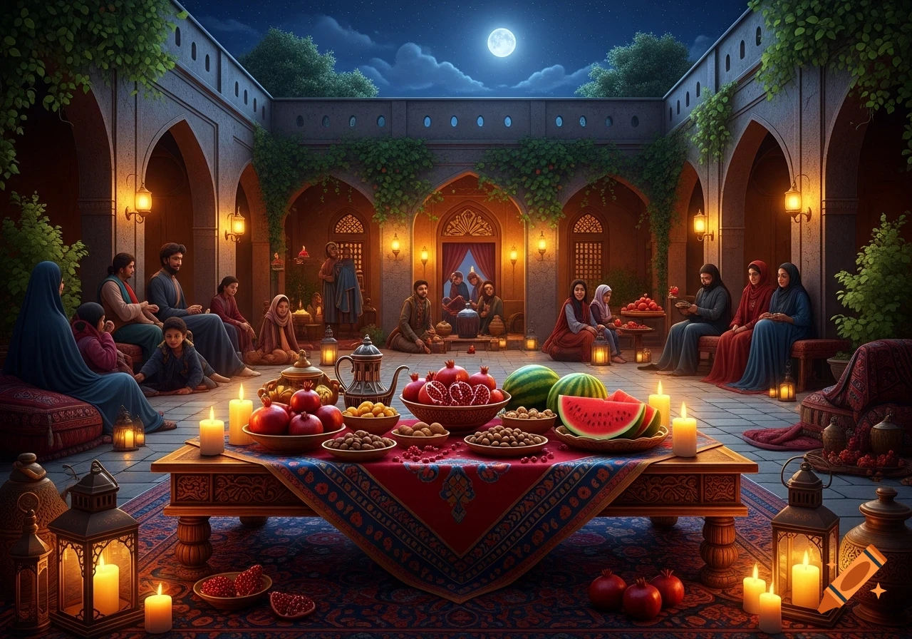 People in traditional attire gather in an ornate courtyard at night under a full moon, with a table laden with pomegranates, watermelons, nuts, and candles.
