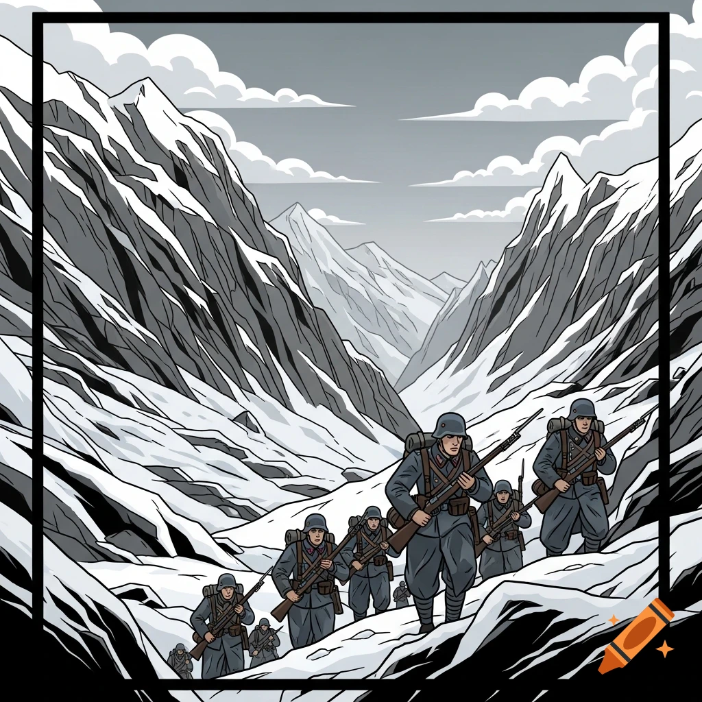 Comic book illustration of soldiers with rifles marching through a snowy mountain pass.