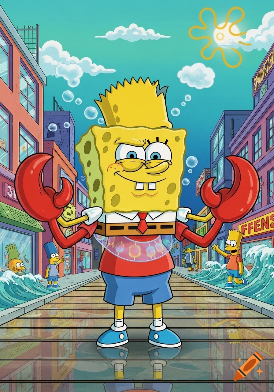 Cartoon character combining SpongeBob, Bart Simpson, and Mr. Krabs stands on a city street with other Simpson characters and ocean waves in the background.