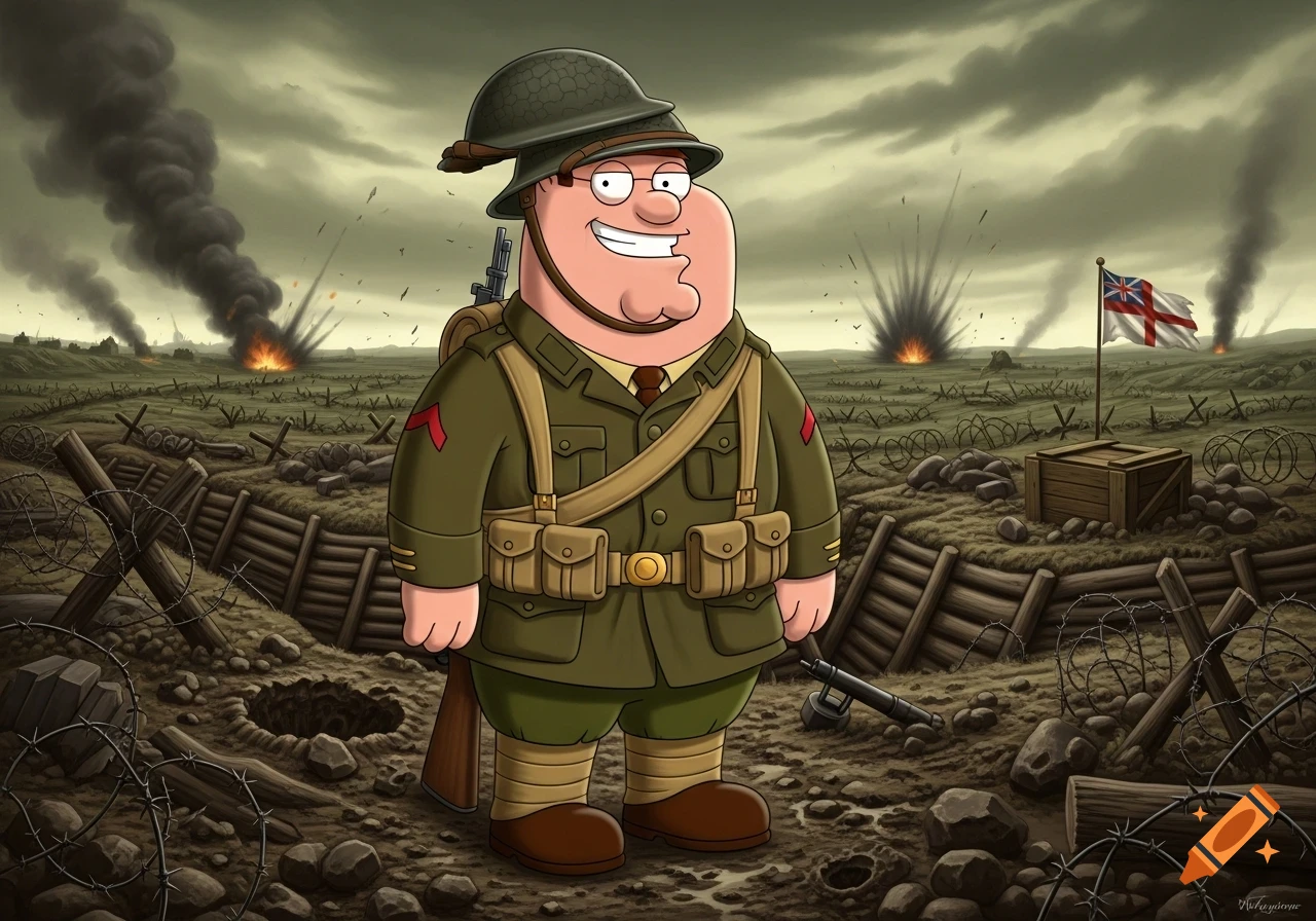 Cartoon Peter Griffin in a WWI soldier uniform stands in a trench battlefield with explosions and barbed wire.