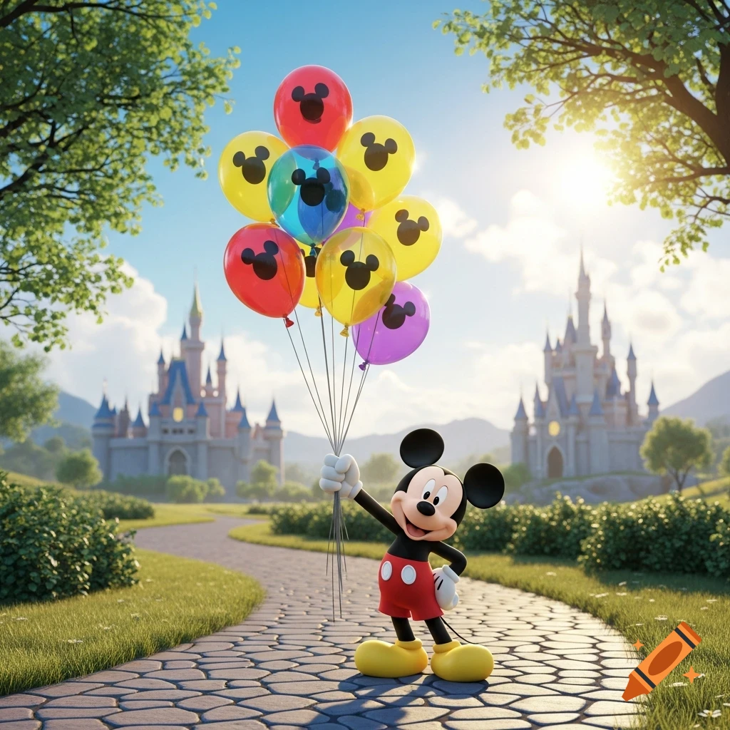 Mickey Mouse stands on a path in a sunny park, holding a large bunch of colorful balloons, with fantasy castles in the background.