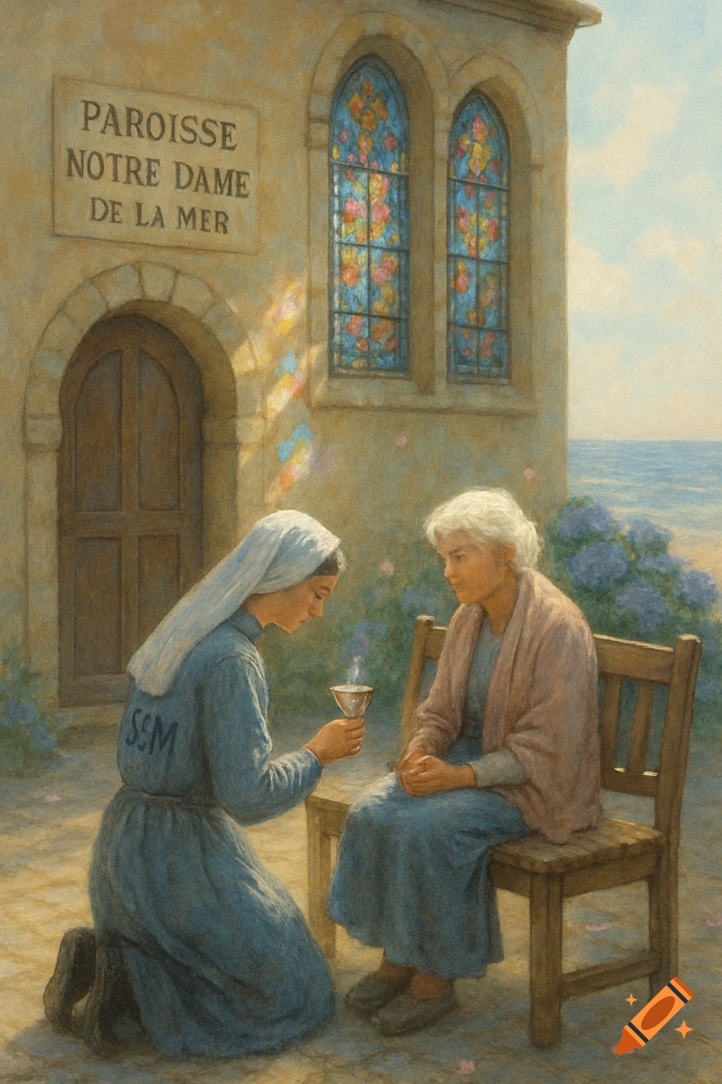 A painting of a nun kneeling to offer communion to an elderly woman seated on a chair outside a church by the sea.